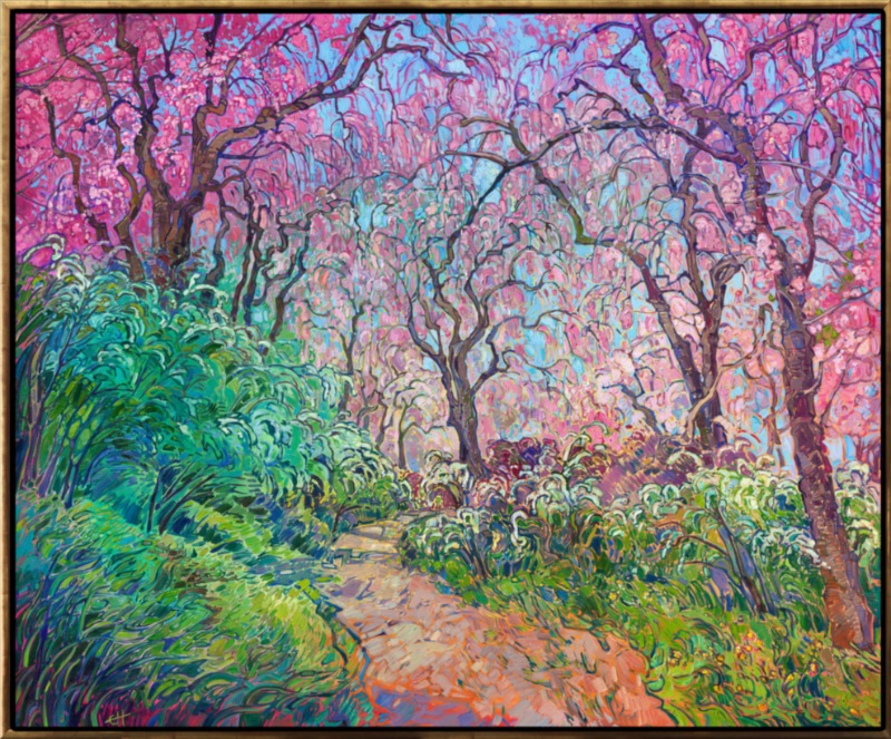Experiencing Japan’s sakura season was a highlight of my spring travels. Kyoto’s weeping cherry trees, with their cascading pink blossoms, were breathtaking. I loved the variations in color and shape, each tree uniquely arching over pathways or framing tranquil ponds. Carefully placed in Japanese gardens, they created a perfect harmony between nature and design. In my painting, I aimed to capture both their fleeting beauty and the serenity of Kyoto in spring.</p><p>"Cascading Blossoms" will be on display at The Erin Hanson Gallery for The Colossal Collection on August 9th, 2025. You are welcome to join us for the Artist's reception! You may purchase this painting in advance, but the piece will not ship until after August 9th.