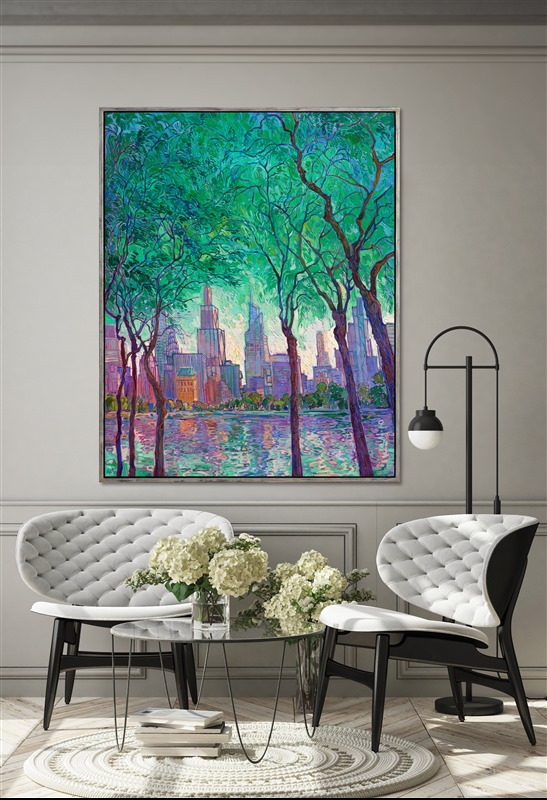 I gather my inspiration from the beauty of the outdoors, and for the first time, this includes a cityscape! This first-ever Open Impressionism cityscape was inspired by my trip to New York City last week. Seeing the city skyline through the trees in Central Park during the magical light of golden hour sent me hunting for my paints and canvas as soon as I returned home to Oregon.</p><p>Thick brushstrokes of oil paint laid side by side capture the beautiful light hitting New York beneath a viridian canopy of early-summer leaves.