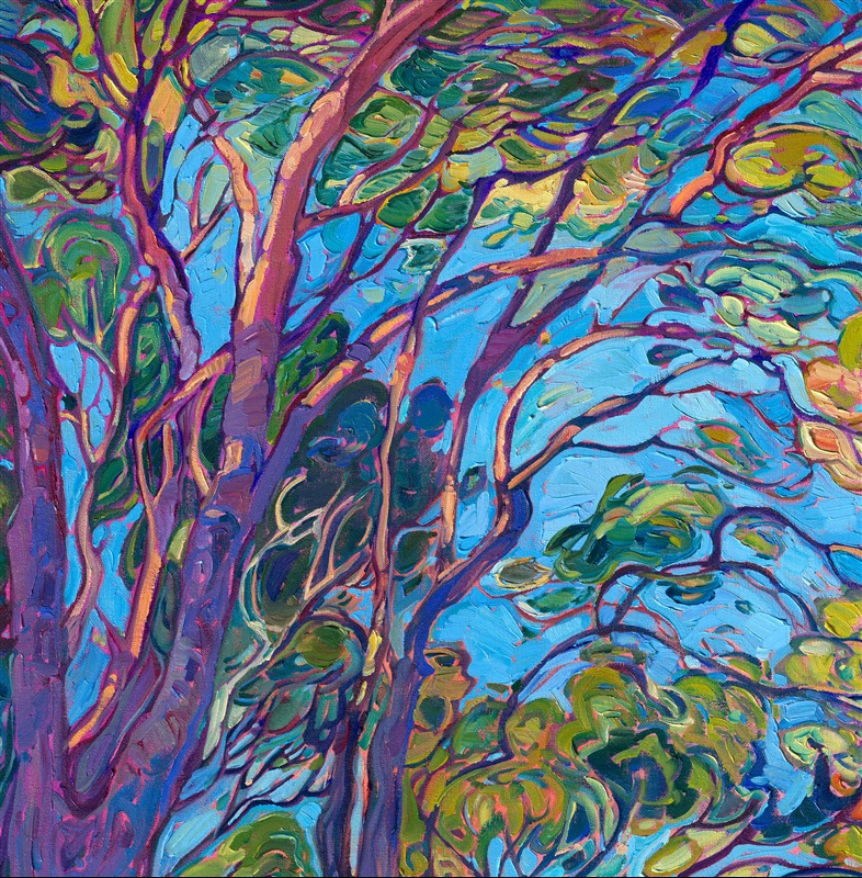 I recently visited Cezanne's hometown of Aix-en-Provence in southern France. I stood where he painted his famous "leaning" mountains (yes, the mountain really does lean!) All around me were immensely tall pine trees that swayed in the wind and caught the late afternoon golden light. I stood enraptured by these trees, taking about a hundred photographs of them, while I wandered around Cezanne's hilltop.</p><p>This painting is a tribute not only to Cezanne but also to David Hockney, who just passed away a few days ago. Hockney loved trees as I do--and when I first began my career as an artist, I was absolutely inspired by Hockney, who was one of the most famous living painters of his time... and he painted trees and landscapes as I did. I also admire how Hockney (and Cézanne) both painted in their own signature styles, creating landscape paintings from their unique perspectives and in ways no one else was doing. </p><p>I hope they appreciate my tribute, wherever they are.