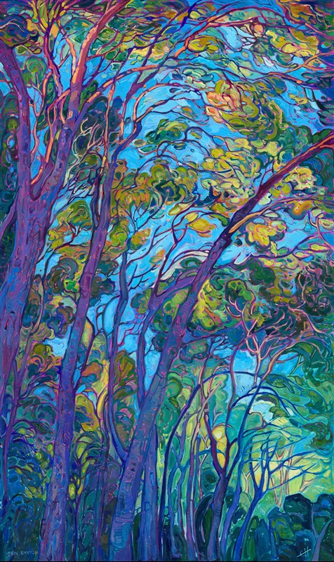 I recently visited Cezanne's hometown of Aix-en-Provence in southern France. I stood where he painted his famous "leaning" mountains (yes, the mountain really does lean!) All around me were immensely tall pine trees that swayed in the wind and caught the late afternoon golden light. I stood enraptured by these trees, taking about a hundred photographs of them, while I wandered around Cezanne's hilltop.

This painting is a tribute not only to Cezanne but also to David Hockney, who just passed away a few days ago. Hockney loved trees as I do--and when I first began my career as an artist, I was absolutely inspired by Hockney, who was one of the most famous living painters of his time... and he painted trees and landscapes as I did. I also admire how Hockney (and Cézanne) both painted in their own signature styles, creating landscape paintings from their unique perspectives and in ways no one else was doing. 

I hope they appreciate my tribute, wherever they are.