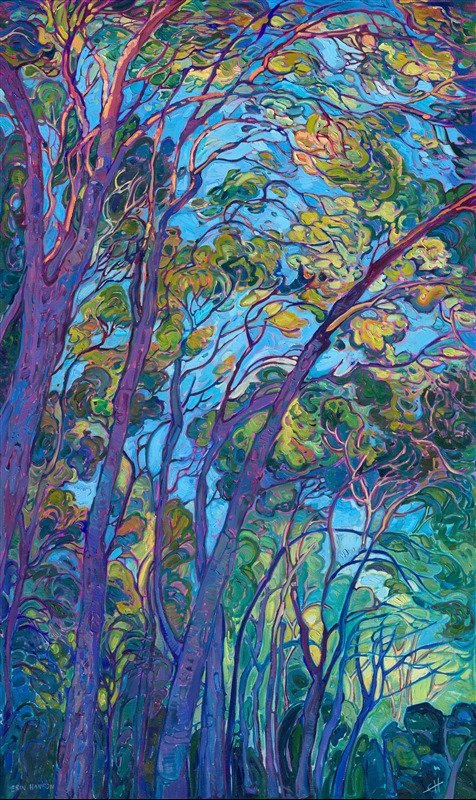 I recently visited Cezanne's hometown of Aix-en-Provence in southern France. I stood where he painted his famous "leaning" mountains (yes, the mountain really does lean!) All around me were immensely tall pine trees that swayed in the wind and caught the late afternoon golden light. I stood enraptured by these trees, taking about a hundred photographs of them, while I wandered around Cezanne's hilltop.

This painting is a tribute not only to Cezanne but also to David Hockney, who just passed away a few days ago. Hockney loved trees as I do--and when I first began my career as an artist, I was absolutely inspired by Hockney, who was one of the most famous living painters of his time... and he painted trees and landscapes as I did. I also admire how Hockney (and Cézanne) both painted in their own signature styles, creating landscape paintings from their unique perspectives and in ways no one else was doing. 

I hope they appreciate my tribute, wherever they are.