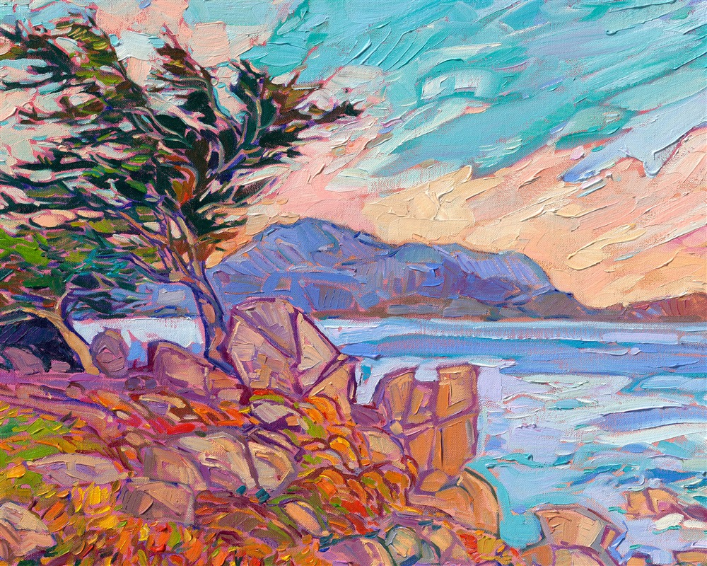 Erin Hanson, the creator of Open Impressionism, captures the unique colors of the Monterey Peninsula in this painting of Pebble Beach, California. The 17-Mile Drive is one of the most scenic drives in California. The ancient cypress trees create fantastical shapes against the turquoise waters of the Pacific Ocean, and the beautiful golden-hour light bathes the landscape in hues of apricot and buttercream. Thick brushstrokes of impressionistic color dance across the canvas, creating a tapestry of color and light that engages the eye and soothes the soul.