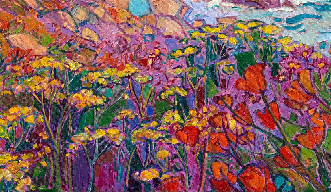 Erin Hanson, the creator of Open Impressionism, captures the unique colors of the Monterey Peninsula in this painting of Pebble Beach, California. The 17-Mile Drive is one of the most scenic drives in California. The ancient cypress trees create fantastical shapes against the turquoise waters of the Pacific Ocean, and the beautiful golden-hour light bathes the landscape in hues of apricot and buttercream. Thick brushstrokes of impressionistic color dance across the canvas, creating a tapestry of color and light that engages the eye and soothes the soul.