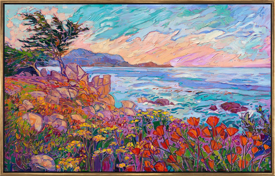Erin Hanson, the creator of Open Impressionism, captures the unique colors of the Monterey Peninsula in this painting of Pebble Beach, California. The 17-Mile Drive is one of the most scenic drives in California. The ancient cypress trees create fantastical shapes against the turquoise waters of the Pacific Ocean, and the beautiful golden-hour light bathes the landscape in hues of apricot and buttercream. Thick brushstrokes of impressionistic color dance across the canvas, creating a tapestry of color and light that engages the eye and soothes the soul.