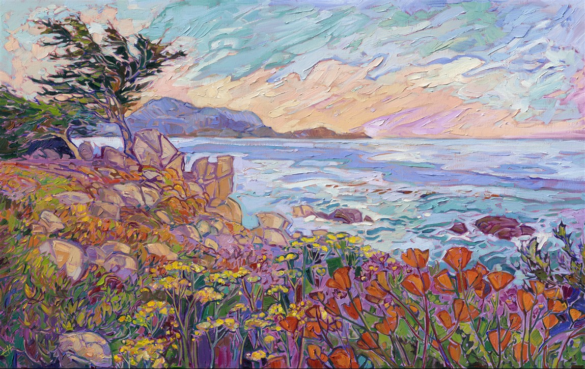 Erin Hanson, the creator of Open Impressionism, captures the unique colors of the Monterey Peninsula in this painting of Pebble Beach, California. The 17-Mile Drive is one of the most scenic drives in California. The ancient cypress trees create fantastical shapes against the turquoise waters of the Pacific Ocean, and the beautiful golden-hour light bathes the landscape in hues of apricot and buttercream. Thick brushstrokes of impressionistic color dance across the canvas, creating a tapestry of color and light that engages the eye and soothes the soul.