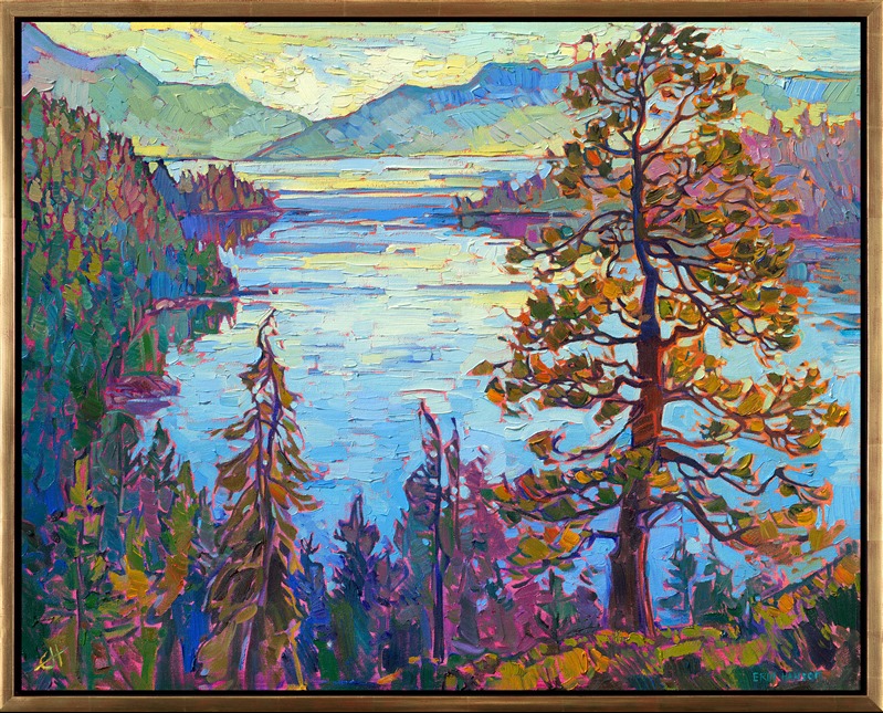Watching the sun rise over Emerald Bay in Lake Tahoe is worth waking up early to see. The quiet expanse of wilderness stretches as far as the eye can see in every direction. Luminous hues of dawning yellow merge with the bluish greens of the pine-covered mountains. This landscape was painted in thick, expressive brushstrokes of oil paint applied without layering, in Erin Hanson's iconic Open Impressionism style.