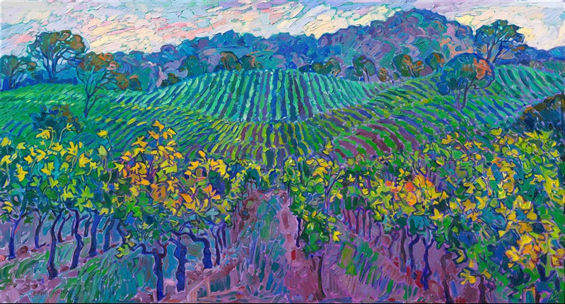 In the springtime, the Willamette Valley's wine country transforms into an idyllic paradise of viridian and emerald. This painting captures the pattern of green vineyards growing near Newberg, Oregon. Thick brush strokes of impasto oil paint placed side by side on the canvas capture the movement and emotion of color.