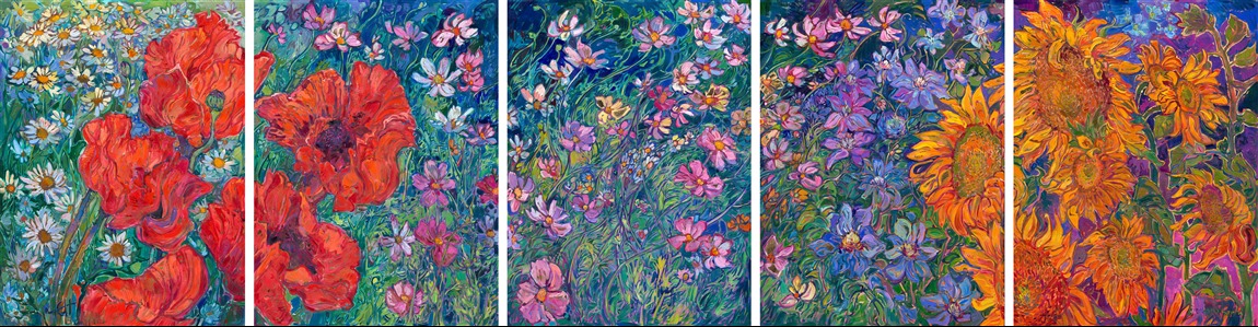 Nature's most beautiful colors are captured in a five-panel floralscape in Erin's Open Impressionism style. Thick brushstrokes of oil paint capture the vivacity and movement of these flowers. Large red corn poppies in front of Shasta daisies draw the eye in from the left, and the movement of white and pink cosmos bring the eye to the purple-blue clematis that contrast with the sunflowers on the right-hand side. Genuine, 24 karat gold leaf peeks out between the flower petals, subtly glinting and changing in the light.

The painting is designed to be hung with each panel spaced about 1.5 inches apart.

"Floralscapes in Gold" will be on display for <a href="https://www.erinhanson.com/Event/goldleafcollection2026"><i>The Gold Leaf Show</i></a> at The Erin Hanson Gallery in McMinnville, Oregon. All are invited to the artist reception on Saturday, November 21st, 2026. (You may purchase the painting now, but it will ship after the exhibition on November 21st.)