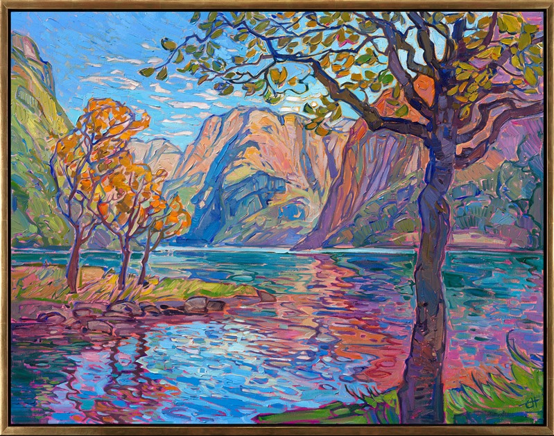 My trip to Norway last year has made me look at color and reflections in a whole new light. The deepening effects of the atmosphere as overlapping fjords receded into the distance was a source of endless inspiration for me. This painting captures a view of Geirangerfjord, one of Norway's most popular fjords.</p><p>This painting is included in The Erin Hanson Gallery exhibition, <a href="https://www.erinhanson.com/Event/norwayshow"><i>The Norway Show</i></a>. You may purchase this painting now, and it will be shipped after the show on May 9th, 2026. 