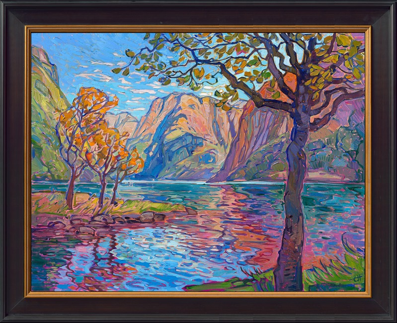 My trip to Norway last year has made me look at color and reflections in a whole new light. The deepening effects of the atmosphere as overlapping fjords receded into the distance was a source of endless inspiration for me. This painting captures a view of Geirangerfjord, one of Norway's most popular fjords.</p><p>This painting is included in The Erin Hanson Gallery exhibition, <a href="https://www.erinhanson.com/Event/norwayshow"><i>The Norway Show</i></a>. You may purchase this painting now, and it will be shipped after the show on May 9th, 2026. 