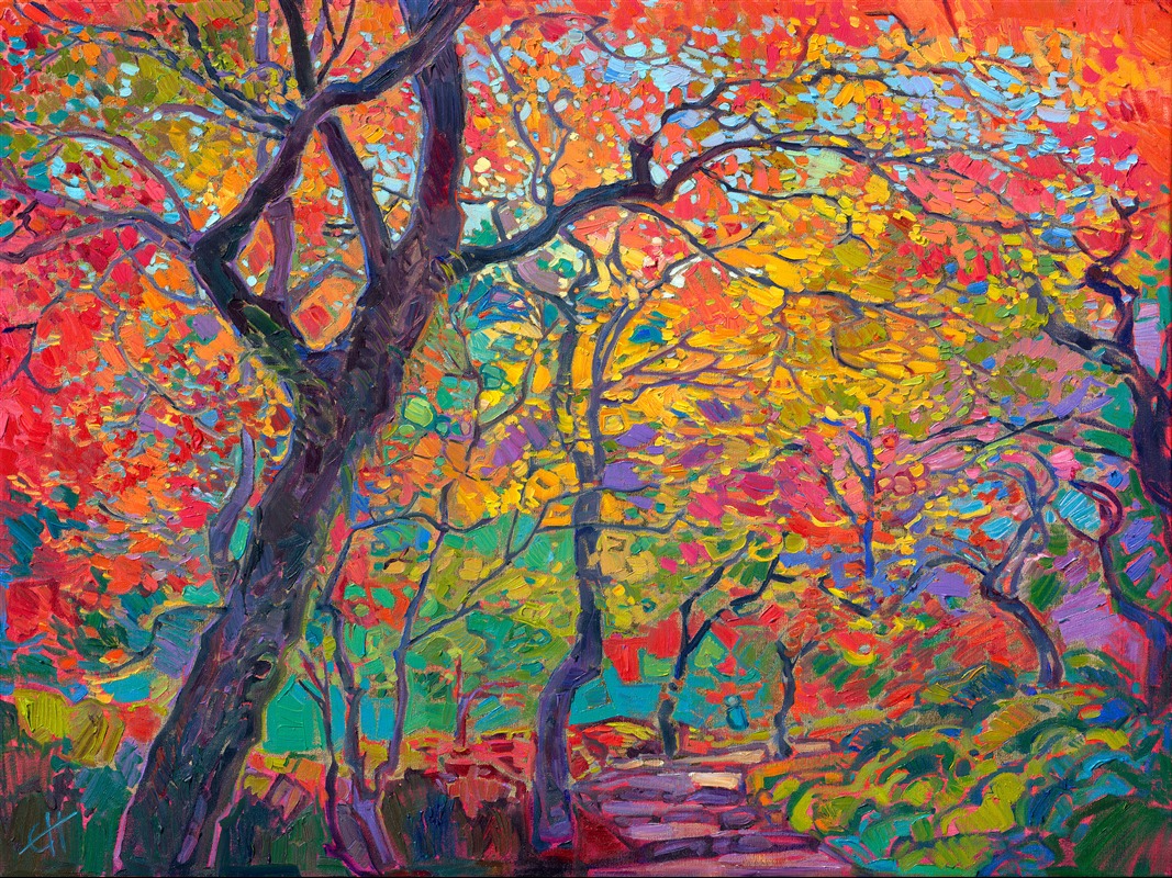 24 karat gold leaf peeks between the brushstrokes in this oil painting of Kyoto maple trees. I love how the yellow and red foliage looks against the nearby blue and purple mountains. Each impasto brushstroke is fresh and painterly, capturing the emotional feeling of walking through a garden at peak fall color.

"Gilded Autumn" will be on display for <a href="https://www.erinhanson.com/Event/goldleafcollection2026"><i>The Gold Leaf Show</i></a> at The Erin Hanson Gallery in McMinnville, Oregon. All are invited to the artist reception on Saturday, November 21st, 2026. (You may purchase the painting now, but it will ship after the exhibition on November 21st.)