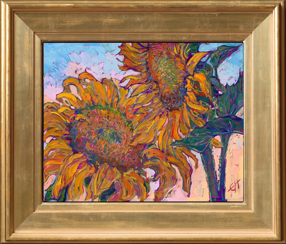 Impressionistic brushstrokes capture the colorful vivacity of sunflowers in this painting inspired by a flower field in Oregon's Willamette Valley. This oil painting was painted with 24kt gold leaf, which glints and catches the light.</p><p>This painting will be on display for The Gold Leaf Show at The Erin Hanson Gallery in McMinnville, Oregon. All are invited to the artist reception on Saturday, November 21st, 2026. Experience van Gogh meets Klimt in Erin Hanson's iconic Open Impressionism style. (You may purchase the painting now, but it will ship after the exhibition on November 21st.)
