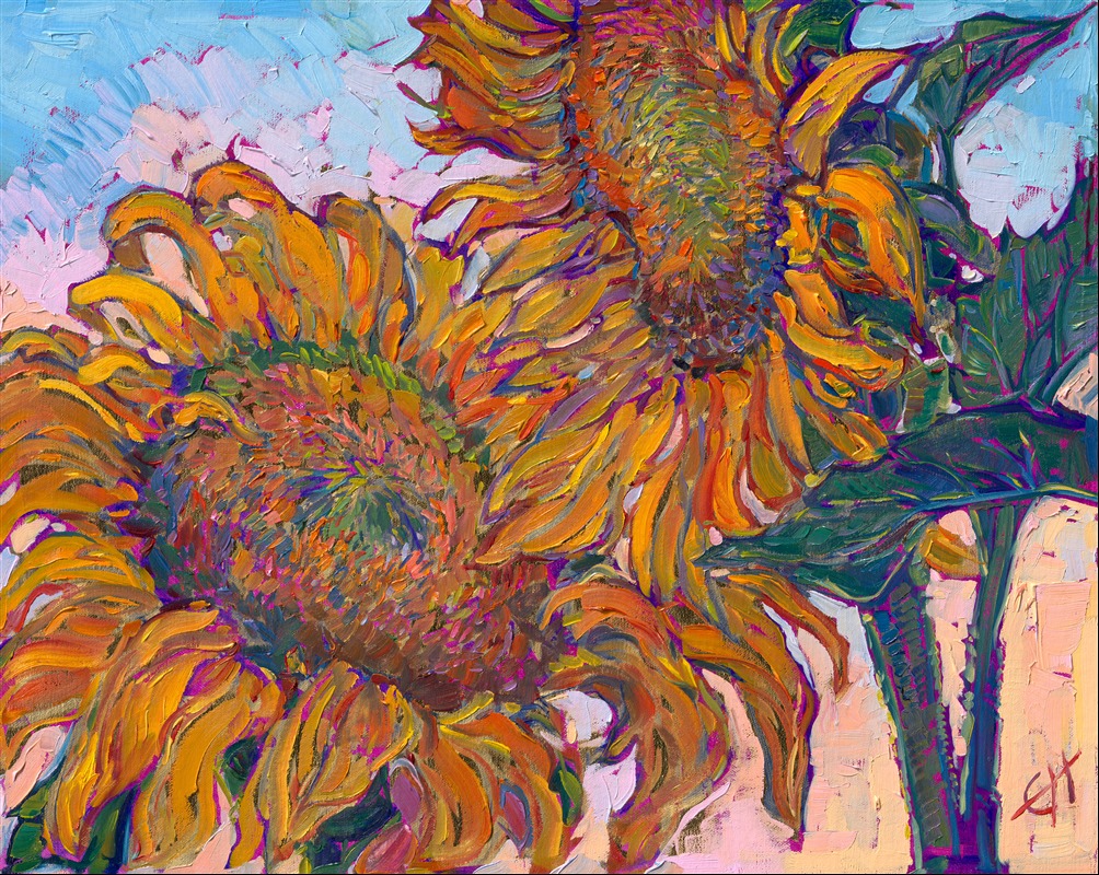 Impressionistic brushstrokes capture the colorful vivacity of sunflowers in this painting inspired by a flower field in Oregon's Willamette Valley. This oil painting was painted with 24kt gold leaf, which glints and catches the light.

This painting will be on display for The Gold Leaf Show at The Erin Hanson Gallery in McMinnville, Oregon. All are invited to the artist reception on Saturday, November 21st, 2026. Experience van Gogh meets Klimt in Erin Hanson's iconic Open Impressionism style. (You may purchase the painting now, but it will ship after the exhibition on November 21st.)