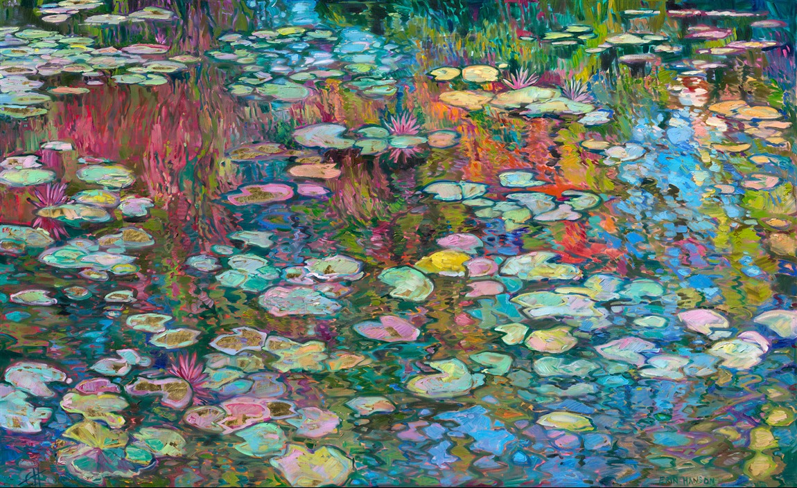 Monet's water lilies in Giverny are reimagined in Erin Hanson's iconic Open Impressionism style. This painting has an extra layer of light—the oil painting was created on 24kt gold leaf, applied directly over the underpainting. The gold leaf glints subtly behind the strokes of oil paint, catching the light and giving the illusion of moving water.