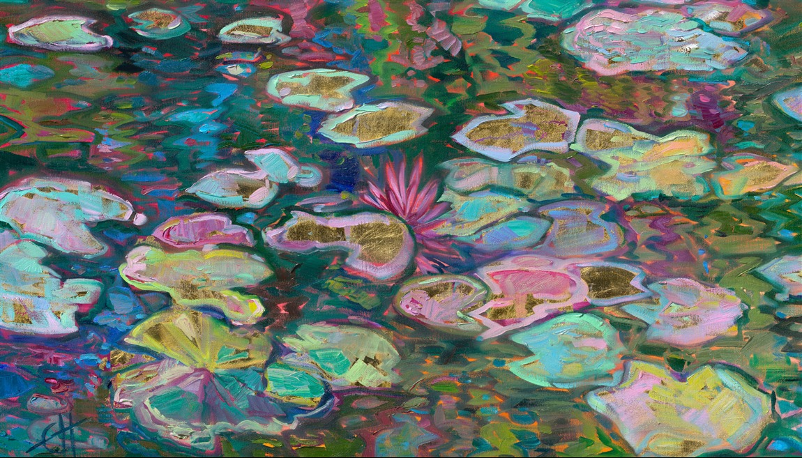 Monet's water lilies in Giverny are reimagined in Erin Hanson's iconic Open Impressionism style. This painting has an extra layer of light—the oil painting was created on 24kt gold leaf, applied directly over the underpainting. The gold leaf glints subtly behind the strokes of oil paint, catching the light and giving the illusion of moving water.