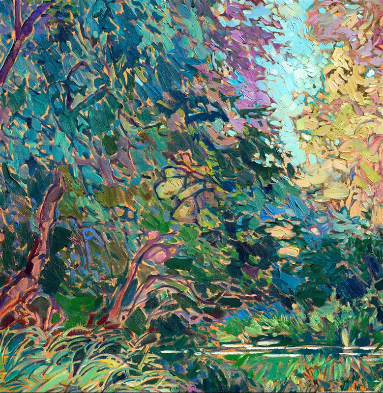 This painting was inspired by a canoe trip down a slow-moving creek in Oregon's Willamette Valley. Tall, overhanging trees lined the banks, enclosing the creek and enveloping it in total silence. The water was so still I could see the reflections of the surrounding trees almost mirror-clear in the water. The only thing that disturbed the water's surface was the occasional fish gulping at a bug. While I was painting this work, I felt completely enveloped in the silence and quiet peacefulness of this memory.</p><p>I painted this oil painting over 24-karat gold leaf applied directly to the canvas. The gold leaf peeks out between the brushstrokes of the painting, glinting subtly in the changing light, evoking the feel of real water.</p><p>"Gilded Reflections" will be on display for <a href="https://www.erinhanson.com/Event/goldleafcollection2026"><i>The Gold Leaf Show</i></a> at The Erin Hanson Gallery in McMinnville, Oregon. All are invited to the artist reception on Saturday, November 21st, 2026. (You may purchase the painting now, but it will ship after the exhibition on November 21st.)