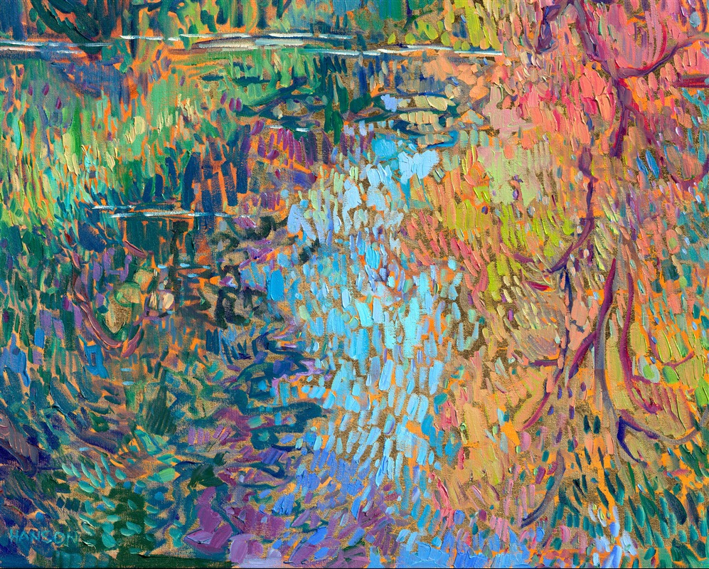 This painting was inspired by a canoe trip down a slow-moving creek in Oregon's Willamette Valley. Tall, overhanging trees lined the banks, enclosing the creek and enveloping it in total silence. The water was so still I could see the reflections of the surrounding trees almost mirror-clear in the water. The only thing that disturbed the water's surface was the occasional fish gulping at a bug. While I was painting this work, I felt completely enveloped in the silence and quiet peacefulness of this memory.</p><p>I painted this oil painting over 24-karat gold leaf applied directly to the canvas. The gold leaf peeks out between the brushstrokes of the painting, glinting subtly in the changing light, evoking the feel of real water.</p><p>"Gilded Reflections" will be on display for <a href="https://www.erinhanson.com/Event/goldleafcollection2026"><i>The Gold Leaf Show</i></a> at The Erin Hanson Gallery in McMinnville, Oregon. All are invited to the artist reception on Saturday, November 21st, 2026. (You may purchase the painting now, but it will ship after the exhibition on November 21st.)