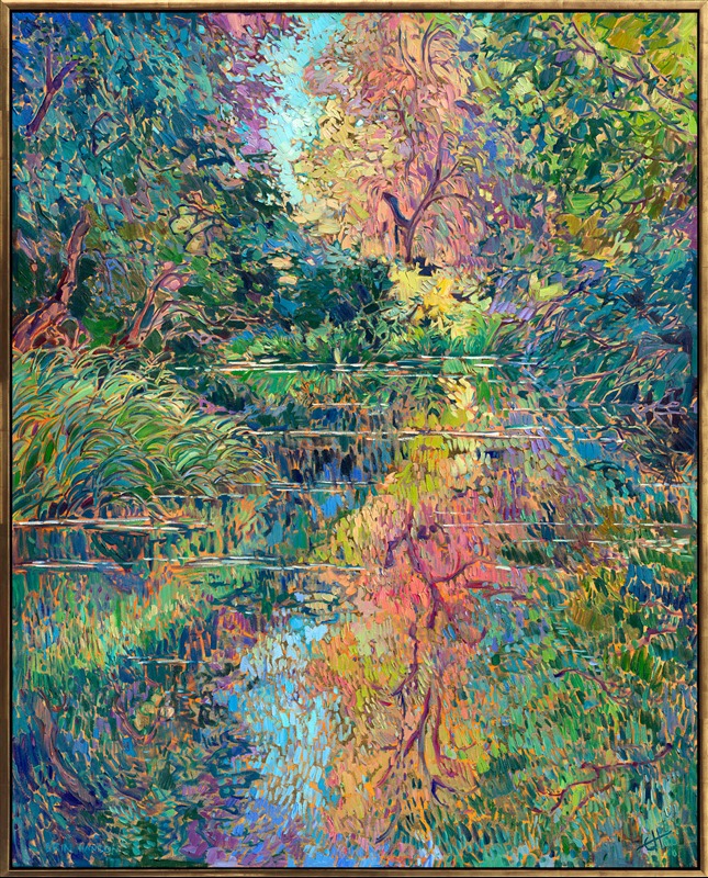 This painting was inspired by a canoe trip down a slow-moving creek in Oregon's Willamette Valley. Tall, overhanging trees lined the banks, enclosing the creek and enveloping it in total silence. The water was so still I could see the reflections of the surrounding trees almost mirror-clear in the water. The only thing that disturbed the water's surface was the occasional fish gulping at a bug. While I was painting this work, I felt completely enveloped in the silence and quiet peacefulness of this memory.</p><p>I painted this oil painting over 24-karat gold leaf applied directly to the canvas. The gold leaf peeks out between the brushstrokes of the painting, glinting subtly in the changing light, evoking the feel of real water.</p><p>"Gilded Reflections" will be on display for <a href="https://www.erinhanson.com/Event/goldleafcollection2026"><i>The Gold Leaf Show</i></a> at The Erin Hanson Gallery in McMinnville, Oregon. All are invited to the artist reception on Saturday, November 21st, 2026. (You may purchase the painting now, but it will ship after the exhibition on November 21st.)