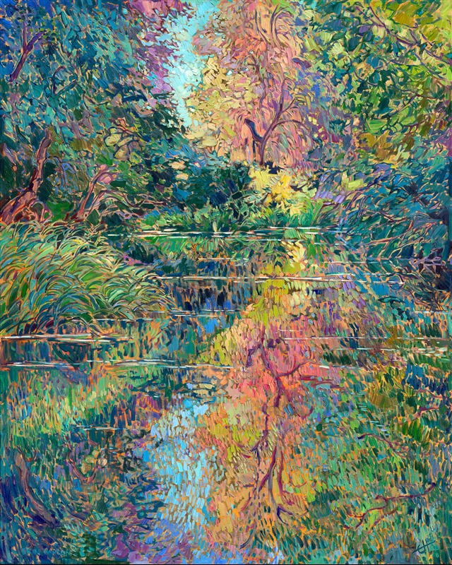 This painting was inspired by a canoe trip down a slow-moving creek in Oregon's Willamette Valley. Tall, overhanging trees lined the banks, enclosing the creek and enveloping it in total silence. The water was so still I could see the reflections of the surrounding trees almost mirror-clear in the water. The only thing that disturbed the water's surface was the occasional fish gulping at a bug. While I was painting this work, I felt completely enveloped in the silence and quiet peacefulness of this memory.

I painted this oil painting over 24-karat gold leaf applied directly to the canvas. The gold leaf peeks out between the brushstrokes of the painting, glinting subtly in the changing light, evoking the feel of real water.

"Gilded Reflections" will be on display for <a href="https://www.erinhanson.com/Event/goldleafcollection2026"><i>The Gold Leaf Show</i></a> at The Erin Hanson Gallery in McMinnville, Oregon. All are invited to the artist reception on Saturday, November 21st, 2026. (You may purchase the painting now, but it will ship after the exhibition on November 21st.)