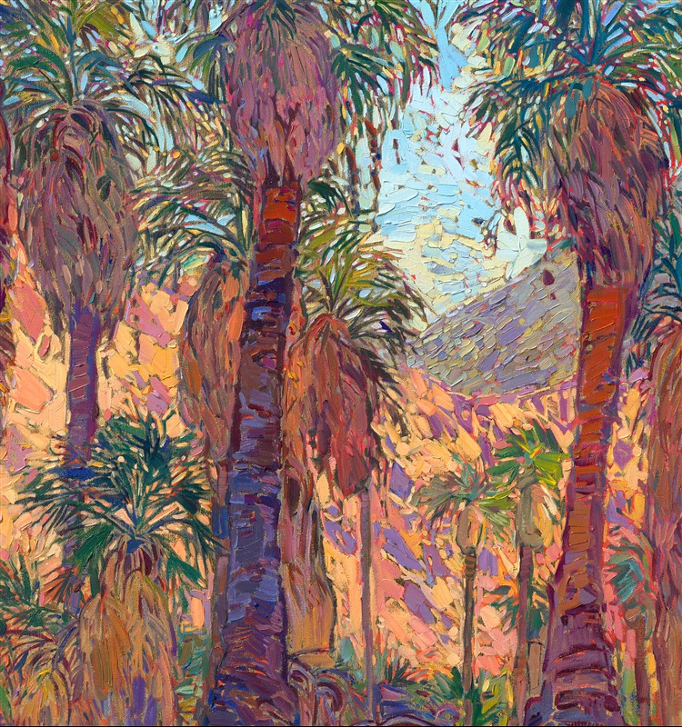 This painting was inspired by Indian Canyon Palm Oasis in Palm Springs, California. When I began painting my Gold Leaf Show, I knew I had to include a desert oasis landscape in the collection. Painting on 24kt gold leaf adds a layer of reflected light and makes the colors more intense. Instead of seeing the underpainting peeking through between the brushstrokes, you see glints of gold leaf. This painting captures all the warmth and surprising color of the desert.</p><p>"Golden Dawn Oasis" will be on display for <a href="https://www.erinhanson.com/Event/goldleafcollection2026"><i>The Gold Leaf Show</i></a> at The Erin Hanson Gallery in McMinnville, Oregon. All are invited to the artist reception on Saturday, November 21st, 2026. (You may purchase the painting now, but it will ship after the exhibition on November 21st.)