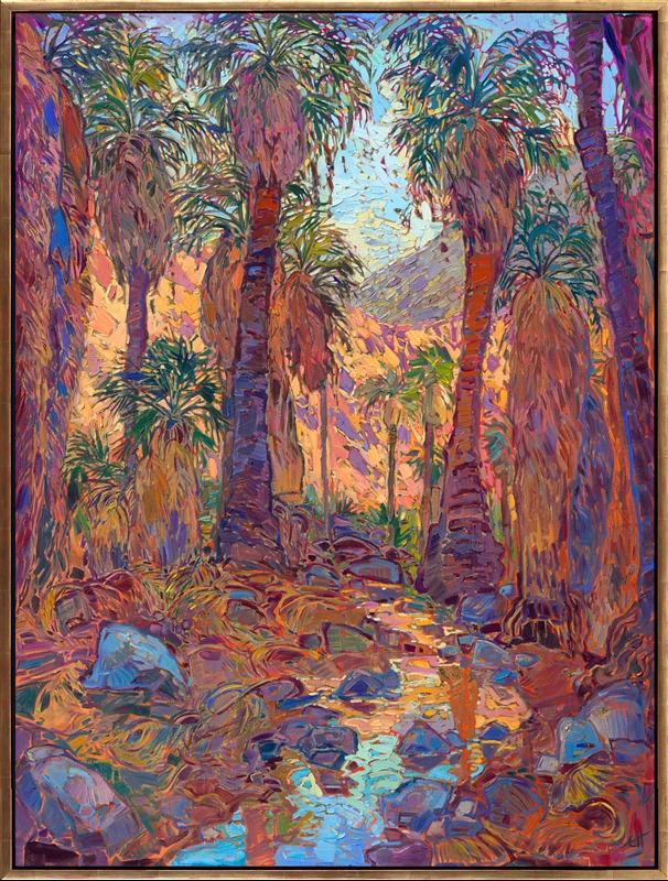 This painting was inspired by Indian Canyon Palm Oasis in Palm Springs, California. When I began painting my Gold Leaf Show, I knew I had to include a desert oasis landscape in the collection. Painting on 24kt gold leaf adds a layer of reflected light and makes the colors more intense. Instead of seeing the underpainting peeking through between the brushstrokes, you see glints of gold leaf. This painting captures all the warmth and surprising color of the desert.</p><p>"Golden Dawn Oasis" will be on display for <a href="https://www.erinhanson.com/Event/goldleafcollection2026"><i>The Gold Leaf Show</i></a> at The Erin Hanson Gallery in McMinnville, Oregon. All are invited to the artist reception on Saturday, November 21st, 2026. (You may purchase the painting now, but it will ship after the exhibition on November 21st.)