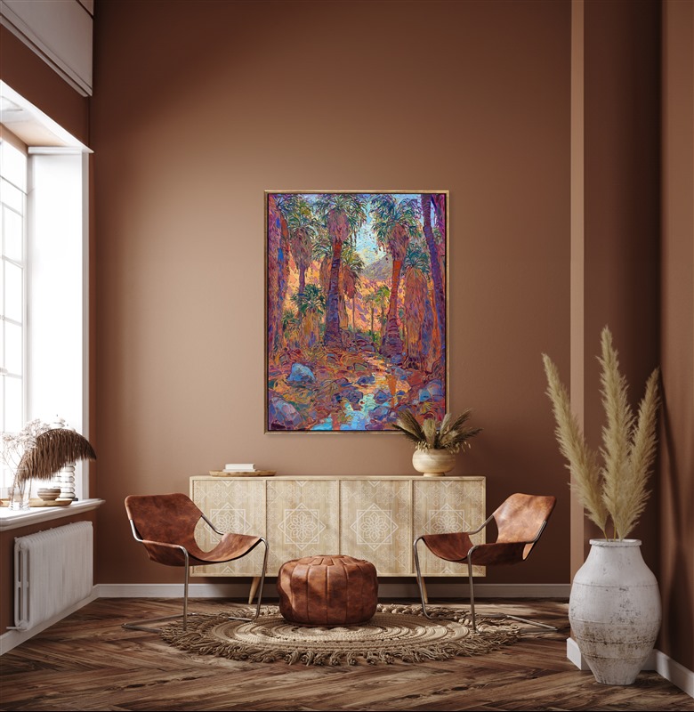 This painting was inspired by Indian Canyon Palm Oasis in Palm Springs, California. When I began painting my Gold Leaf Show, I knew I had to include a desert oasis landscape in the collection. Painting on 24kt gold leaf adds a layer of reflected light and makes the colors more intense. Instead of seeing the underpainting peeking through between the brushstrokes, you see glints of gold leaf. This painting captures all the warmth and surprising color of the desert.</p><p>"Golden Dawn Oasis" will be on display for <a href="https://www.erinhanson.com/Event/goldleafcollection2026"><i>The Gold Leaf Show</i></a> at The Erin Hanson Gallery in McMinnville, Oregon. All are invited to the artist reception on Saturday, November 21st, 2026. (You may purchase the painting now, but it will ship after the exhibition on November 21st.)