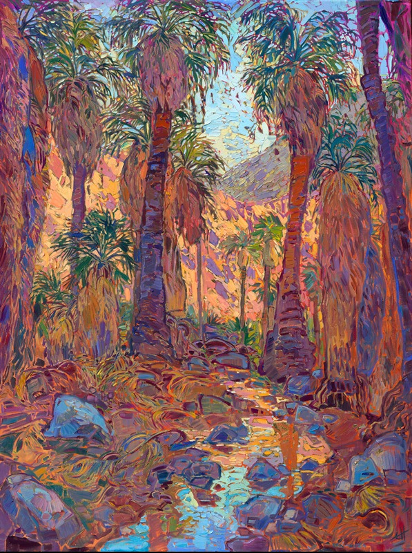 This painting was inspired by Indian Canyon Palm Oasis in Palm Springs, California. When I began painting my Gold Leaf Show, I knew I had to include a desert oasis landscape in the collection. Painting on 24kt gold leaf adds a layer of reflected light and makes the colors more intense. Instead of seeing the underpainting peeking through between the brushstrokes, you see glints of gold leaf. This painting captures all the warmth and surprising color of the desert.

"Golden Dawn Oasis" will be on display for <a href="https://www.erinhanson.com/Event/goldleafcollection2026"><i>The Gold Leaf Show</i></a> at The Erin Hanson Gallery in McMinnville, Oregon. All are invited to the artist reception on Saturday, November 21st, 2026. (You may purchase the painting now, but it will ship after the exhibition on November 21st.)
