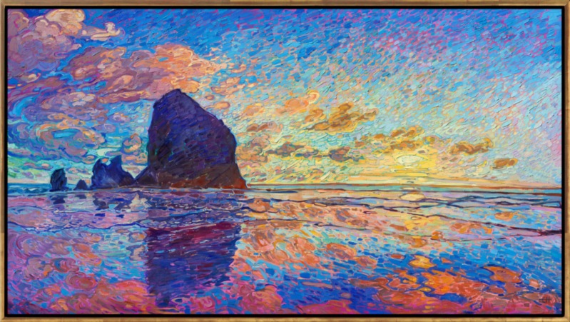 Haystack Rock is the most iconic sea stack formation on the Oregon coast, and seeing it at sunset brings it to light like no other time of day. Erin Hanson's Open Impressionism techniques beautifully capture the changing light and multitude of colors in the seascape. Thick brush strokes of oil paint laid side by side give a sense of movement in the painting.</p><p>"Haystack Rock" will be on display at The Erin Hanson Gallery for <i><a href="https://www.erinhanson.com/Event/colossalcollection2025" target="_blank">The Colossal Collection</i></a> on August 9th, 2025. You are welcome to join us for the Artist's reception! You may purchase this painting in advance, but the piece will not ship until after August 9th.