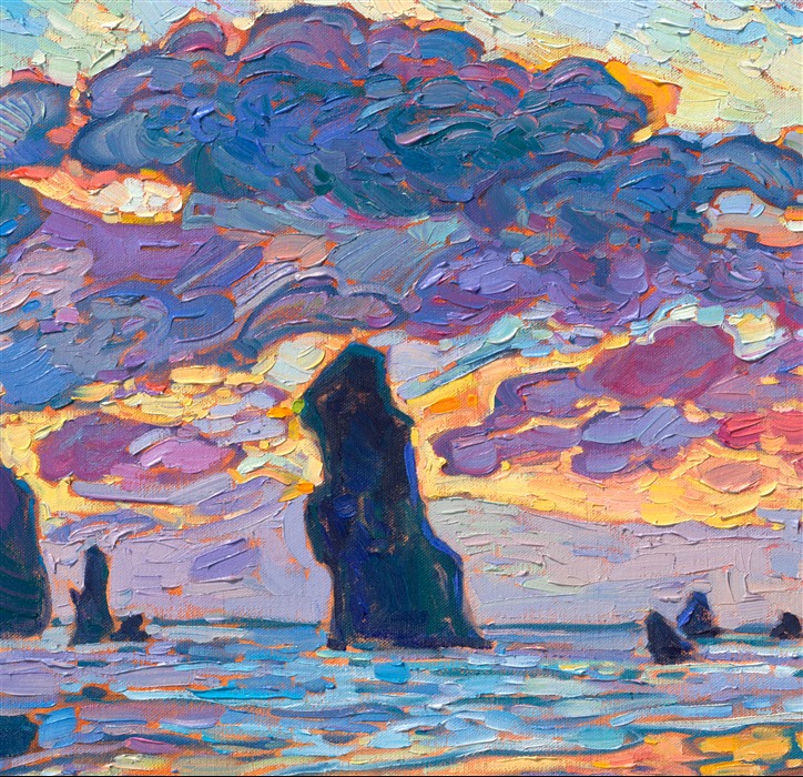 The iconic Haystack Rock at Cannon Beach is captured in vivid hues of ultramarine and apricot. Thick brushstrokes of impasto oil paint add dimension and movement to the piece. This painting was created in Erin Hanson's iconic Open Impressionism style.
