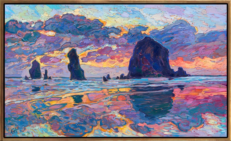 The iconic Haystack Rock at Cannon Beach is captured in vivid hues of ultramarine and apricot. Thick brushstrokes of impasto oil paint add dimension and movement to the piece. This painting was created in Erin Hanson's iconic Open Impressionism style.