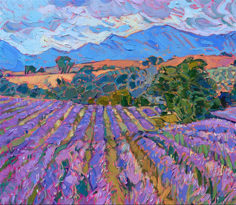 When I visited France to visit the locales the impressionists had painted, I had to stop by Provence to see if the lavender fields there were as beautiful as I had heard. When I drove up onto the high and windy plateaus of Provence, with the Swiss Alps far in the distance, I was immediately captivated by the rolling plains of purple lavender rows. This painting captures the feeling of being in Provence, surrounded by beauty in every direction.
