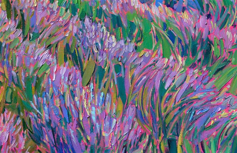 When I visited France to visit the locales the impressionists had painted, I had to stop by Provence to see if the lavender fields there were as beautiful as I had heard. When I drove up onto the high and windy plateaus of Provence, with the Swiss Alps far in the distance, I was immediately captivated by the rolling plains of purple lavender rows. This painting captures the feeling of being in Provence, surrounded by beauty in every direction.