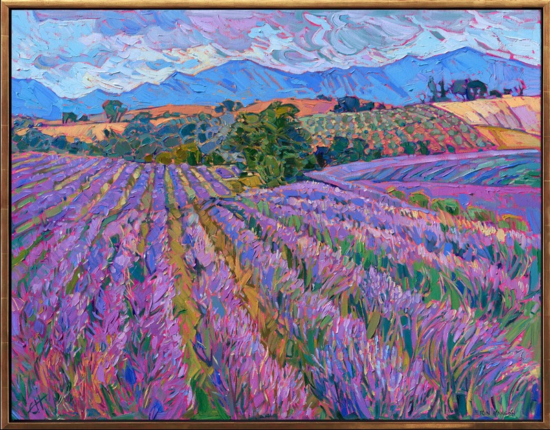 When I visited France to visit the locales the impressionists had painted, I had to stop by Provence to see if the lavender fields there were as beautiful as I had heard. When I drove up onto the high and windy plateaus of Provence, with the Swiss Alps far in the distance, I was immediately captivated by the rolling plains of purple lavender rows. This painting captures the feeling of being in Provence, surrounded by beauty in every direction.