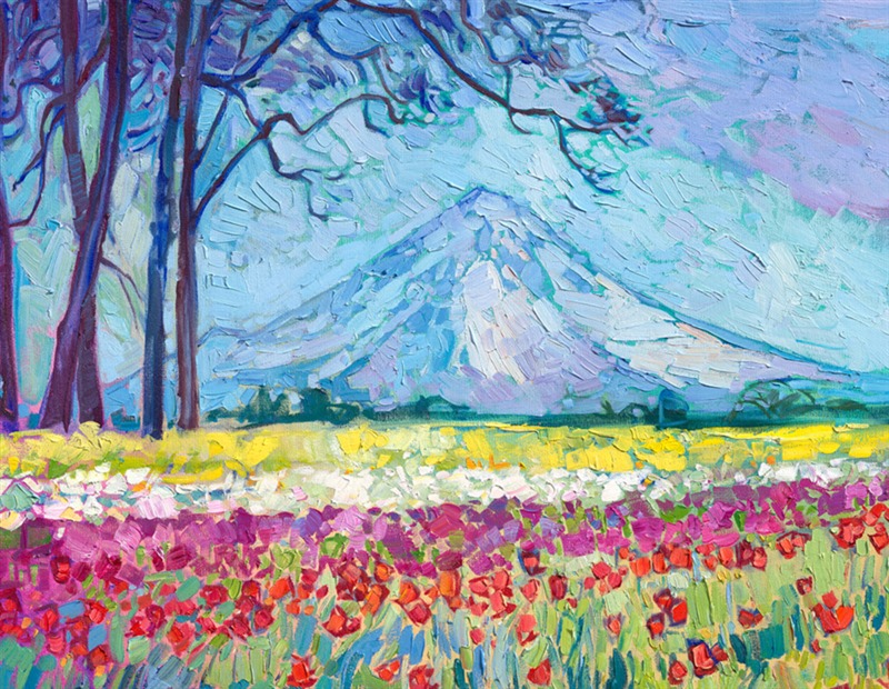 This painting was inspired by the Woodburn Tulip Festival in Oregon's Willamette Valley. The sky was clear and blue, and you could see all the way to Mt. Hood in the distance. Bright, beautiful layers of color filled my senses everywhere I looked. I used thick, expressive brushstrokes of oil paint to capture the scene's vibrant vivacity.</p><p>My style is called Open Impressionism. Using only five colors to create a limited palette (which prevents colors from getting muddy), I lay my strokes side by side, without layering. This keeps the brushstrokes fresh and alive, and very definitely a painting. You can visit <a href="https://www.erinhanson.com/gallery">my gallery</a> in McMinnville, Oregon, to see my work in person.
