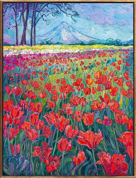 This painting was inspired by the Woodburn Tulip Festival in Oregon's Willamette Valley. The sky was clear and blue, and you could see all the way to Mt. Hood in the distance. Bright, beautiful layers of color filled my senses everywhere I looked. I used thick, expressive brushstrokes of oil paint to capture the scene's vibrant vivacity.</p><p>My style is called Open Impressionism. Using only five colors to create a limited palette (which prevents colors from getting muddy), I lay my strokes side by side, without layering. This keeps the brushstrokes fresh and alive, and very definitely a painting. You can visit <a href="https://www.erinhanson.com/gallery">my gallery</a> in McMinnville, Oregon, to see my work in person.