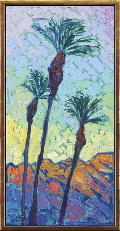 Date palms stretch high into the desert sky in this painting of La Quinta, California. Thick brushstrokes and vibrant colors capture the colors of summer. Celebrate the beauty of the California desert and decorate your home with the colors of the impressionists.</p><p>