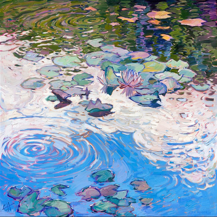 Monet's water lily garden in Giverny is an ever-changing and ever-renewing source of inspiration for me. In this painting, I wanted to capture the feeling of water lilies floating on the surface of a still pond, filled with reflections of the clouds. I applied thick brushstrokes of oil paint laid side by side without layering to capture the sense of movement and texture in the scene.