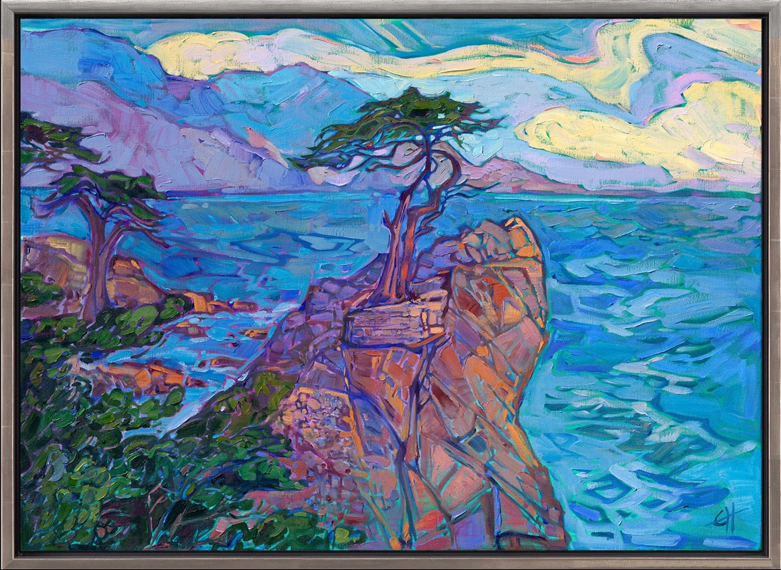 Wide brushstrokes of oil paint capture the aquamarine blue hues of Pebble Beach's Lone Cypress. This beautifully graceful tree stands alone atop a rocky outcropping that turns dusky rose in the fading golden hour light. The colors in this painting are almost buttery and edible.