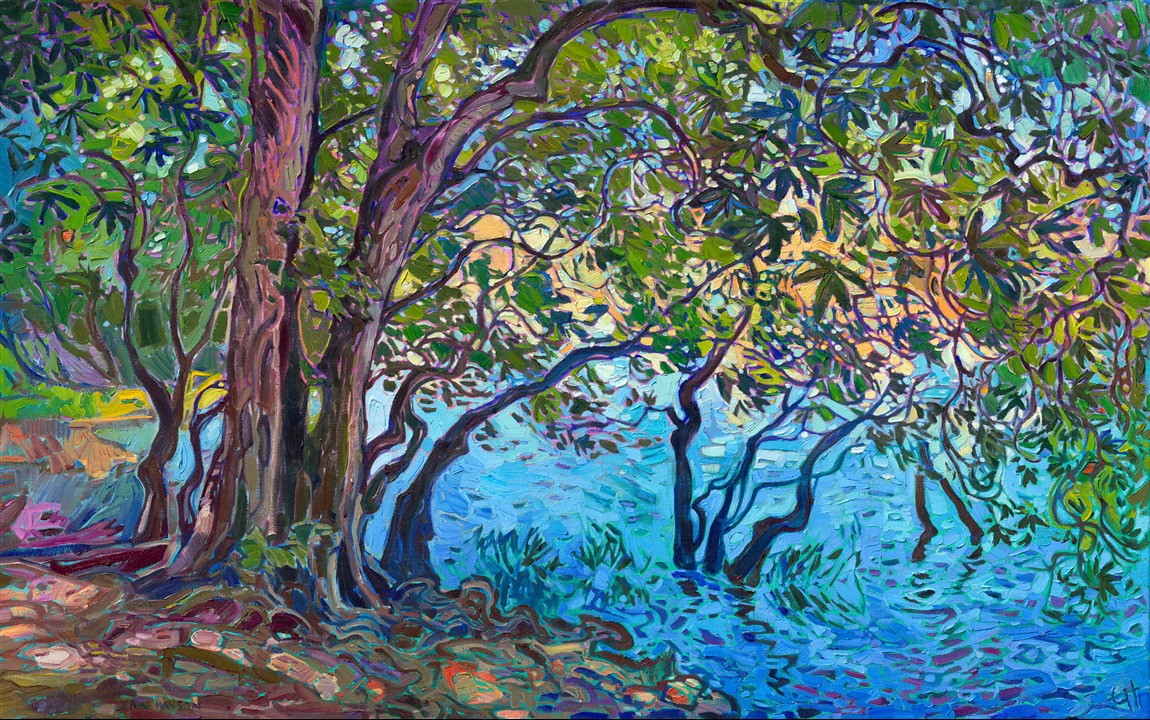 I went to the San Juan Islands to search for beautiful madrone trees and Northwestern color. I found this grove of madrones growing on the waterline, and it immediately attracted my attention. I loved how the light peeked through the leaves and how the water reflections shifted from light aqua to deep ultramarine. I used thick brushstrokes of oil paint, applied without layering, to capture the light and movement of the scene.