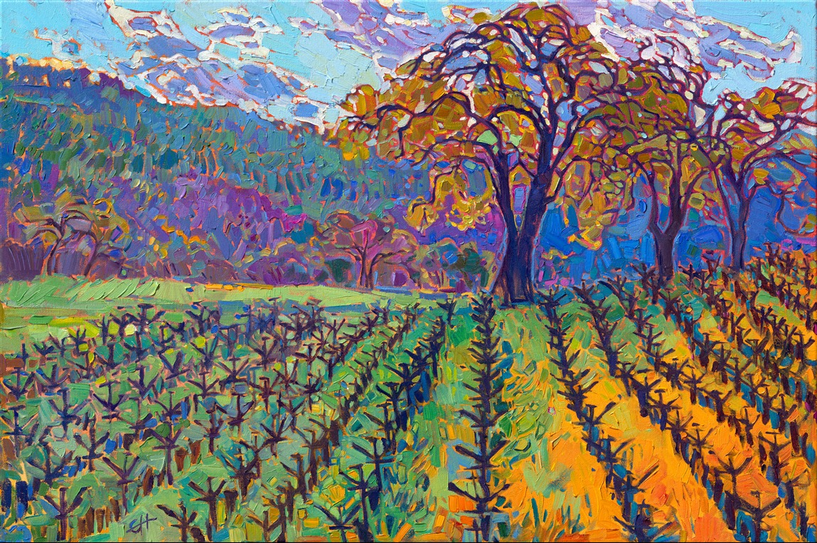 Exploring Napa Valley in the early morning always inspires me to pick up the brush. I love the quiet moments after dawn, when dew still covers the landscape and the light is pure and clean. This painting captures a vineyard scene in early spring, when the vines are just about to start sending out new shoots after the long, dormant winter. Thick brushstrokes of oil paint capture the beauty of the scene with unexpected pops of color and texture.