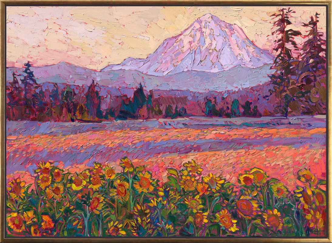 The Wooden Shoe tulip farm in Woodburn, Oregon, transforms into a glorious expanse of sunflowers and other late summer blooms. This painting captures the Oregon fields with Mt. Hood in the background. The whole landscape glowed with hues of pink and orange as the sun set behind the distant horizon.</p><p>Thick oil paint brushstrokes laid side by side capture the majesty of the Northwest in Erin Hanson's iconic Open Impressionism style. This piece was painted over 24kt leaf, which glints through the paint strokes. </p><p>This painting will be on display for The Gold Leaf Show at The Erin Hanson Gallery in McMinnville, Oregon. All are invited to the artist reception on Saturday, November 21st, 2026. Experience van Gogh meets Klimt in Erin Hanson's iconic Open Impressionism style. (You may purchase the painting now, but it will ship after the exhibition on November 21st.)