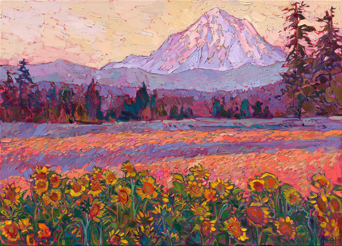 The Wooden Shoe tulip farm in Woodburn, Oregon, transforms into a glorious expanse of sunflowers and other late summer blooms. This painting captures the Oregon fields with Mt. Hood in the background. The whole landscape glowed with hues of pink and orange as the sun set behind the distant horizon.

Thick oil paint brushstrokes laid side by side capture the majesty of the Northwest in Erin Hanson's iconic Open Impressionism style. This piece was painted over 24kt leaf, which glints through the paint strokes. 

This painting will be on display for The Gold Leaf Show at The Erin Hanson Gallery in McMinnville, Oregon. All are invited to the artist reception on Saturday, November 21st, 2026. Experience van Gogh meets Klimt in Erin Hanson's iconic Open Impressionism style. (You may purchase the painting now, but it will ship after the exhibition on November 21st.)