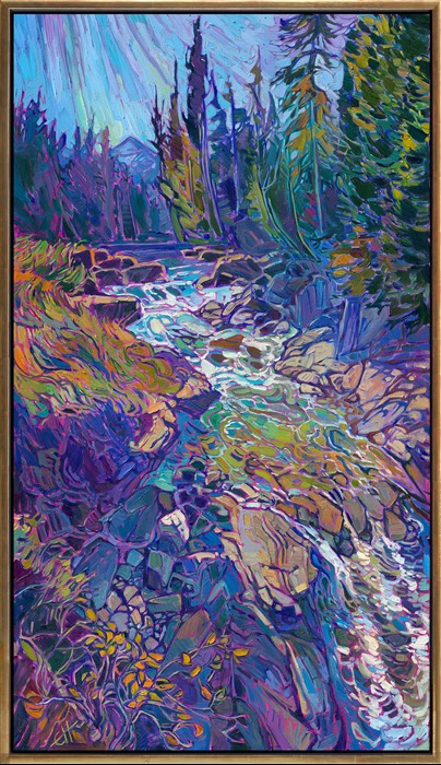 I have never seen more waterfalls than when I visited Norway for ten days. This painting captures the beautiful aquamarine colors of a small river running through the steep Norwegian mountains.