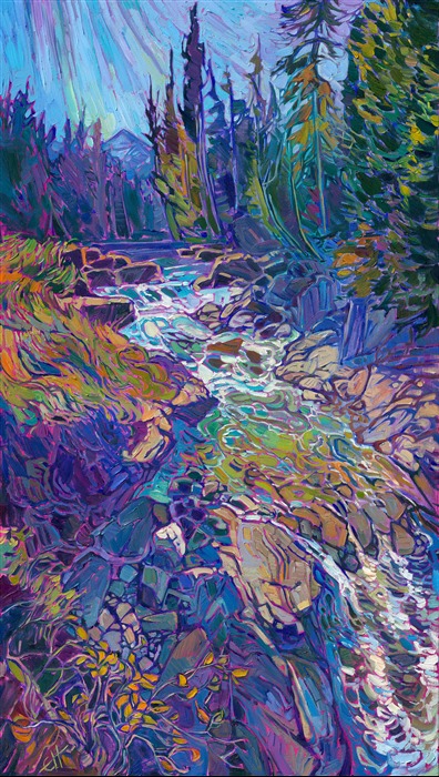 I have never seen more waterfalls than when I visited Norway for ten days. This painting captures the beautiful aquamarine colors of a small river running through the steep Norwegian mountains.