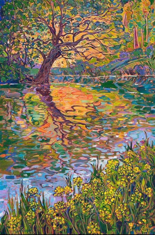 I visited New York's Central Park for the first time this year. I was struck by how much natural beauty was preserved in the middle of a huge city. This painting captures some beautiful color I found reflected in the park's lake waters. Thick brushstrokes of oil paint capture the transient light as the landscape turns toward the golden hour.