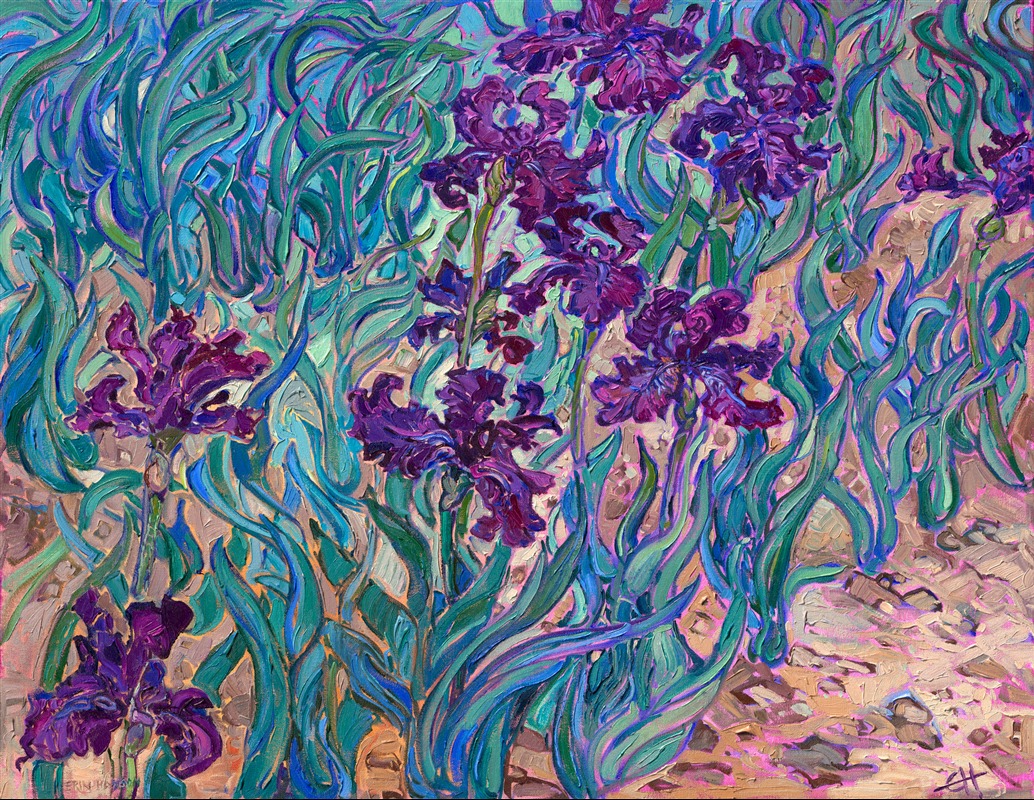 I love to visit Schreider's iris garden in Oregon's Willamette Valley every year. The incredible variety of iris flowers is mind-boggling. For this painting, however, I wanted to compose a painting designed to set off the velvet-dark colors of a purple iris flower, contrasting against the pale viridian hues of the leaves.