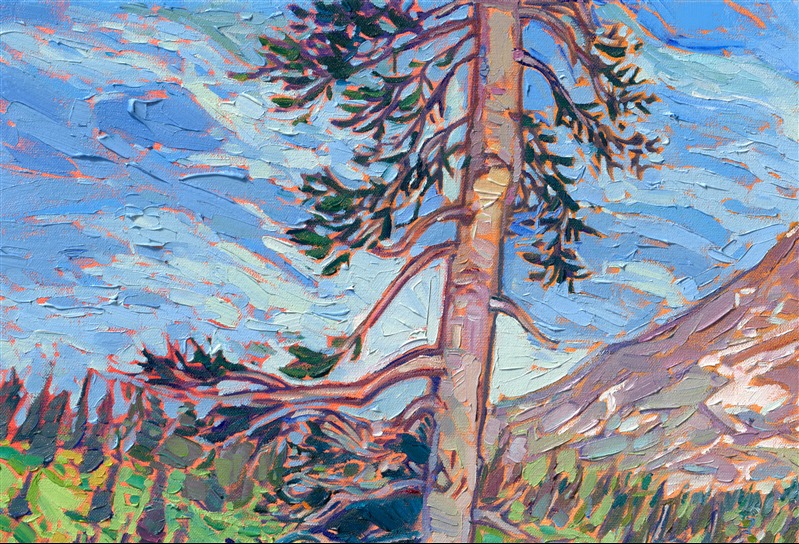 The first time I saw Mt Rainier, I was overwhelmed by the sheer size of the mountain. It reared high overhead, filling the senses. This painting captures the beauty of Rainier behind the ancient and winter-swept noble firs that grow at the base of the peak. Thick brush strokes of oil paint laid side by side communicate the majesty of the mountain.