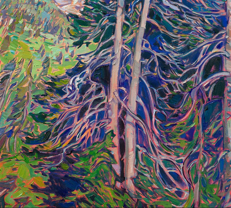 The first time I saw Mt Rainier, I was overwhelmed by the sheer size of the mountain. It reared high overhead, filling the senses. This painting captures the beauty of Rainier behind the ancient and winter-swept noble firs that grow at the base of the peak. Thick brush strokes of oil paint laid side by side communicate the majesty of the mountain.