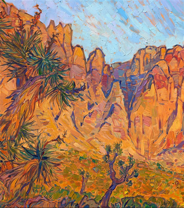 Thick brush strokes of oil paint create a sensation of movement and rhythm on this canvas of Red Rock Canyon. The early morning light hitting Rainbow Mountain causes it to glow in hues of gold and red. 