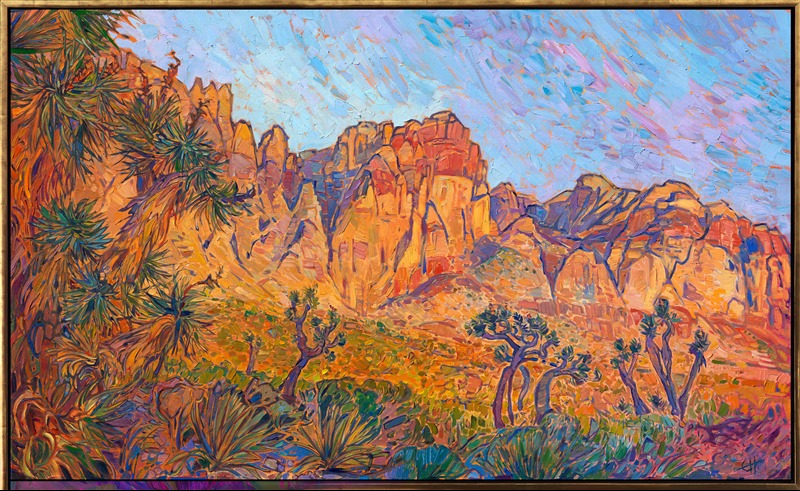 Thick brush strokes of oil paint create a sensation of movement and rhythm on this canvas of Red Rock Canyon. The early morning light hitting Rainbow Mountain causes it to glow in hues of gold and red. 